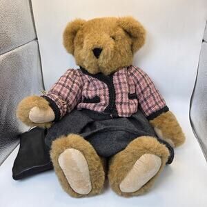 Vermont Teddy Bear Co 1994 Jointed Bear w Pink Plaid Outfit & Purse Made USA